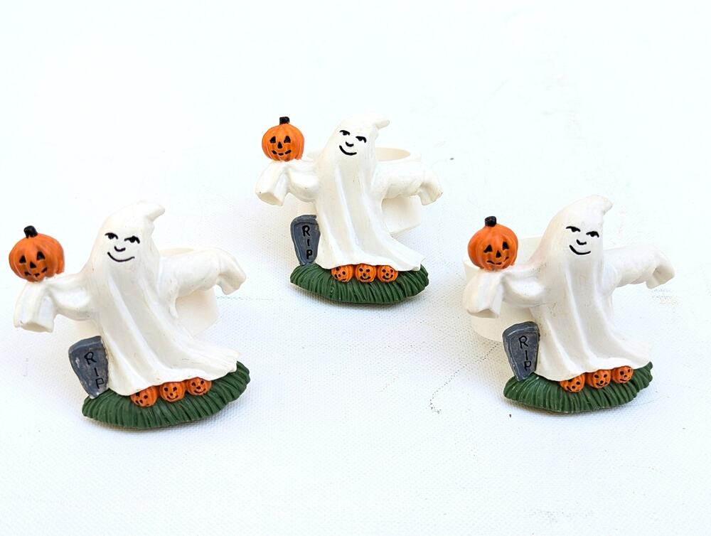 Set of 3 Vintage Halloween Ghost Jack-o’-Lantern Pumpkin Stoneware Napkin Rings